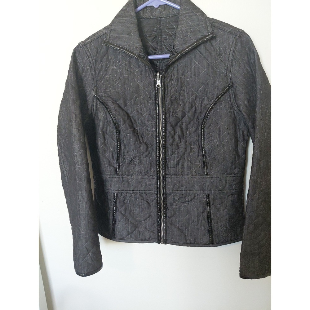 CHICO'S Sz Sm Black Quilted Full Zipper Fitted Jacket Faux Leather Trim Boho Y2k